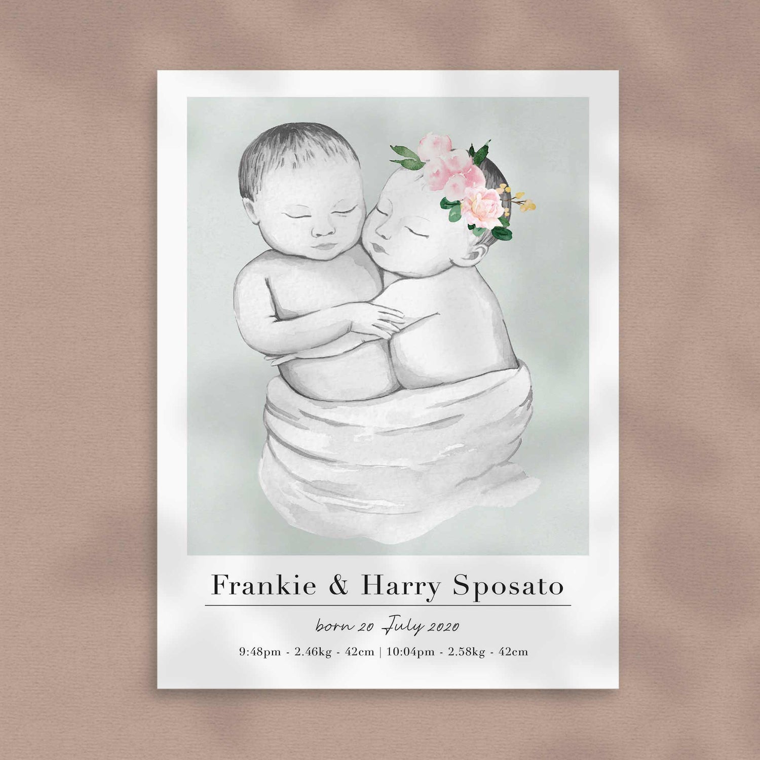 A picture of a baby twin boy and girl personalised birth poster print