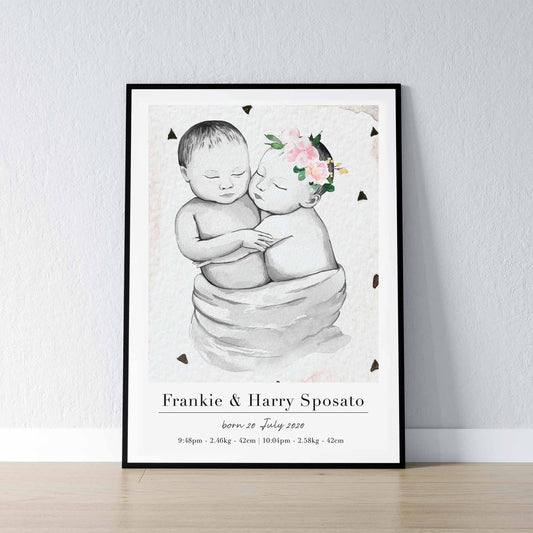 A black picture frame of a baby twin boy and girl personalised birth poster print