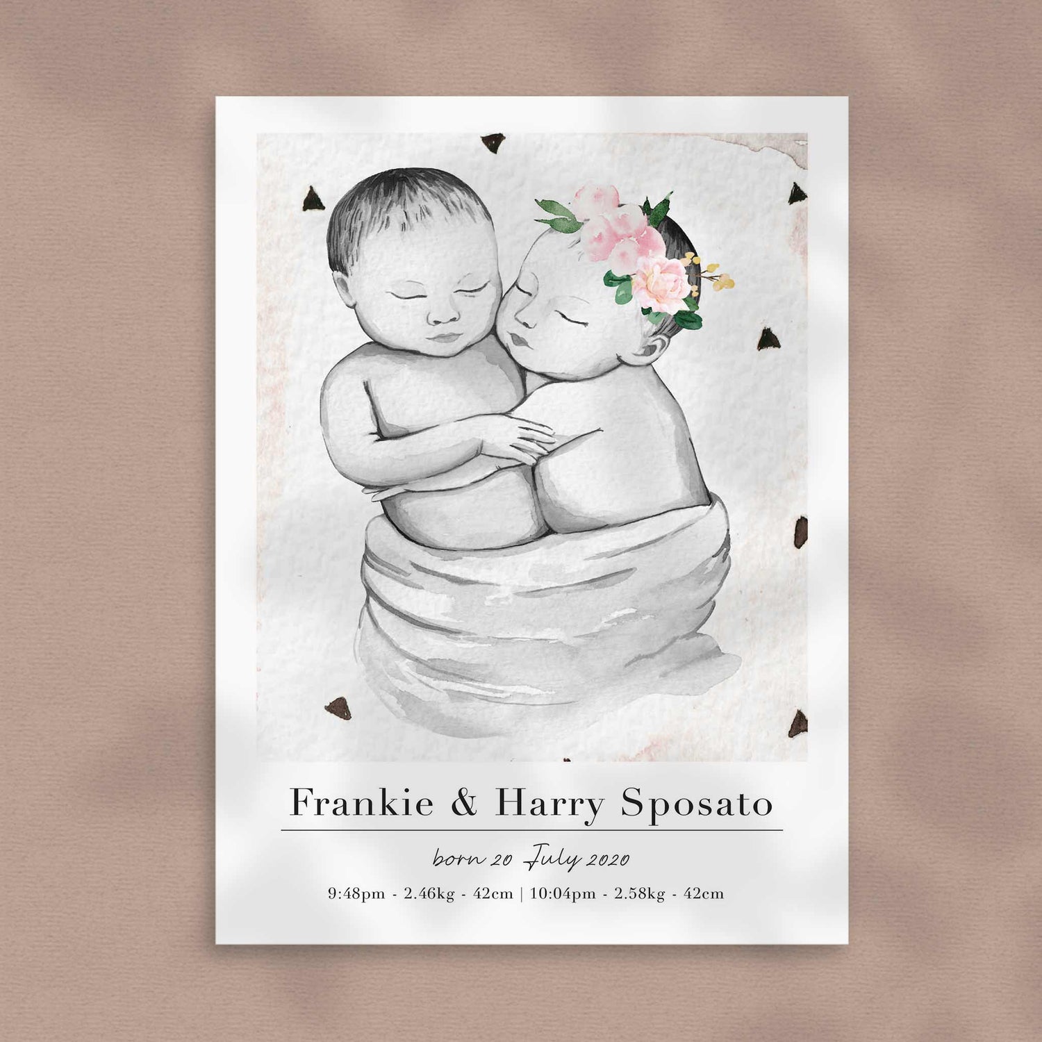 A picture of a baby twin boy and girl personalised birth poster print