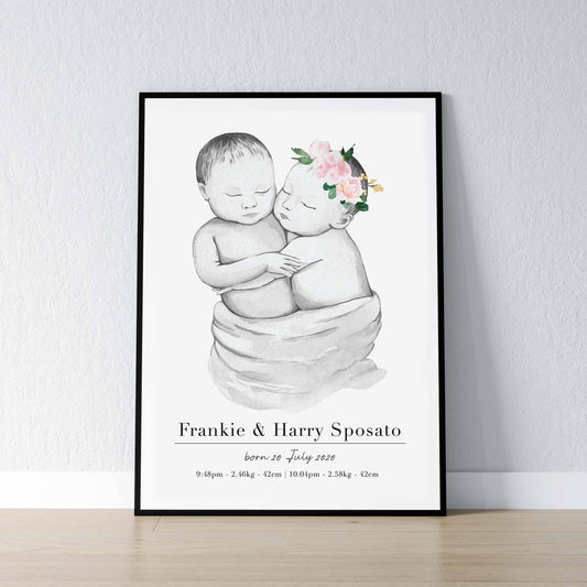 A black picture frame of a baby twin boy and girl personalised birth poster print