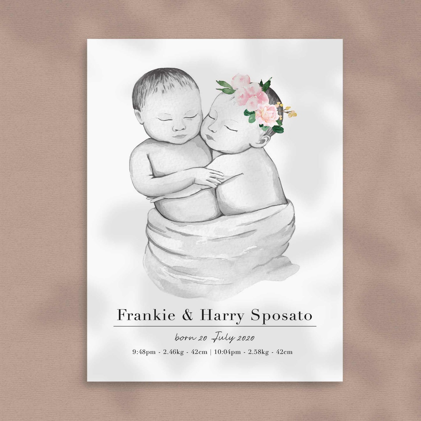 A picture of a baby twin boy and girl personalised birth poster print