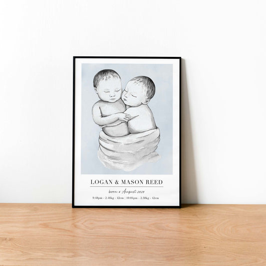 A black picture frame of a baby twin boys personalised birth poster print