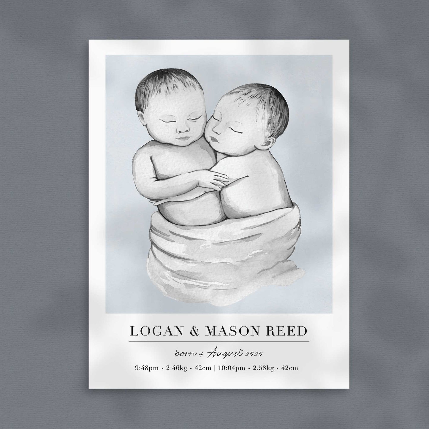 A picture of a baby twin boys personalised birth poster print