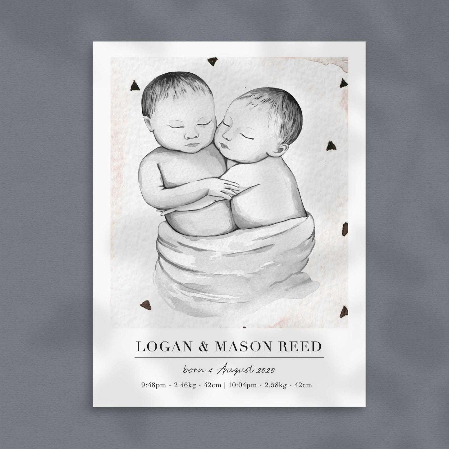 A picture of a baby twin boys personalised birth poster print