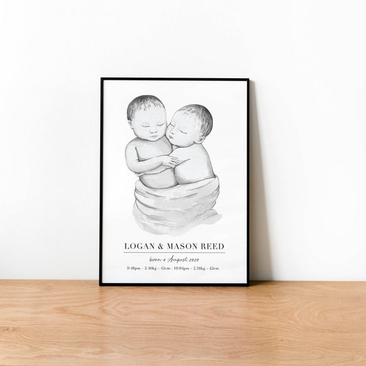 A black picture frame of a baby twin boys personalised birth poster print