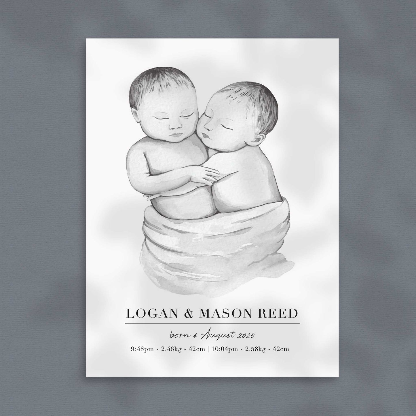 A picture of a baby twin boys personalised birth poster print