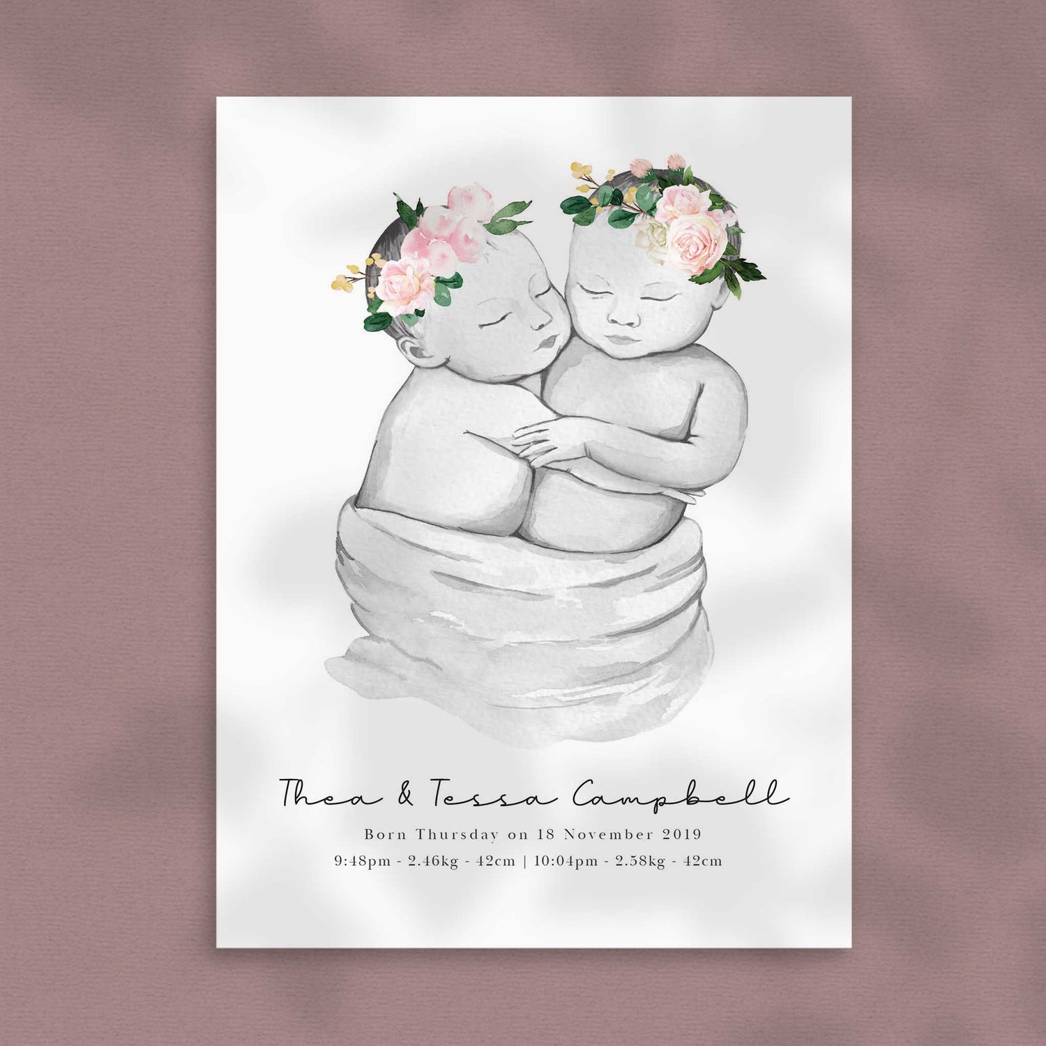 A picture of a baby twin girls personalised birth poster print