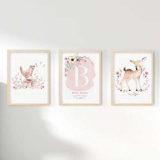 A set of 3 framed images of woodland bird and deer monogram nursery personalised birth print