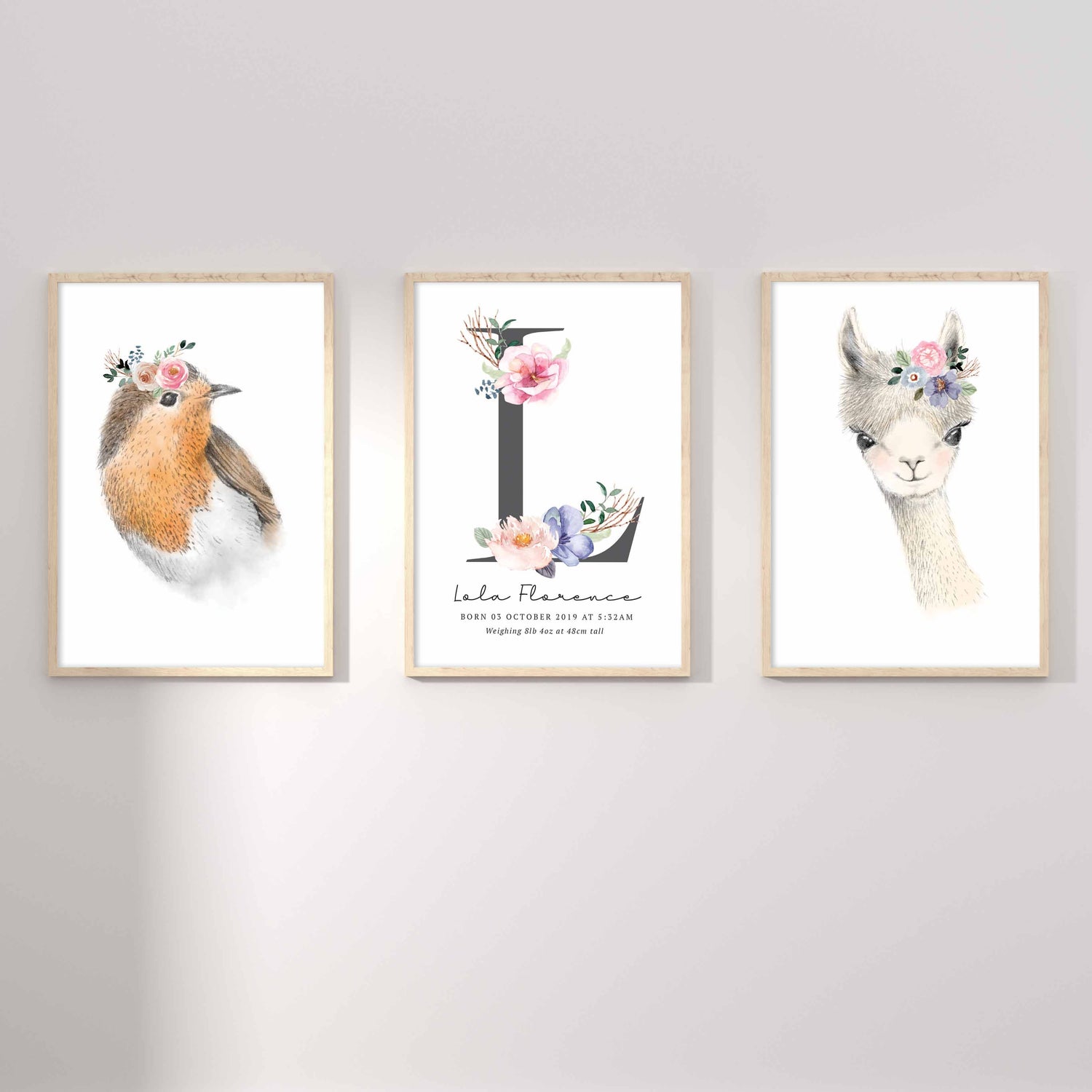 A set of 3 framed images of woodland bird and llama floral monogram nursery personalised birth print