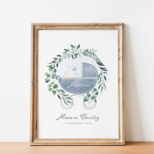 An oak picture frame of a botanical wreath baby pram personalised birth print 