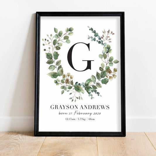 A black picture frame of a botanical wreath monogram personalised birth print