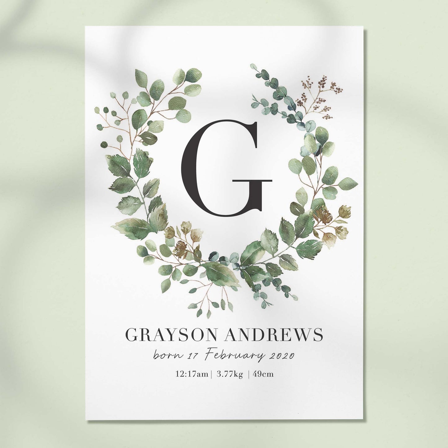 A picture of a botanical wreath monogram personalised birth print