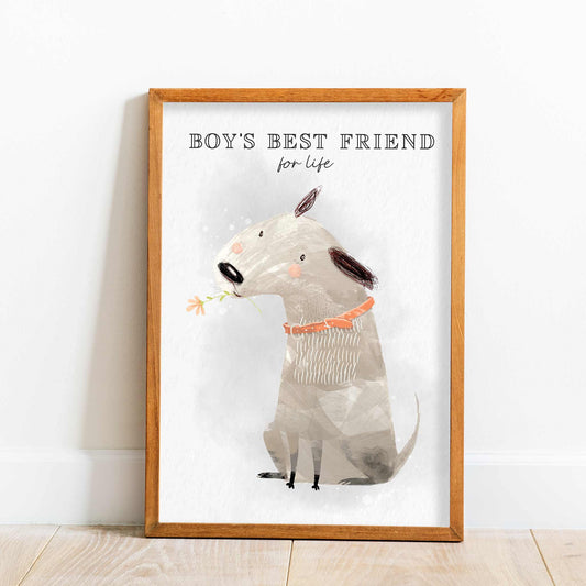 An oak frame of a cute whimsical dog with inspirational quote