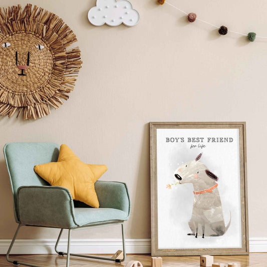 An oak frame of a cute whimsical dog with inspirational quote decorated in a kids room