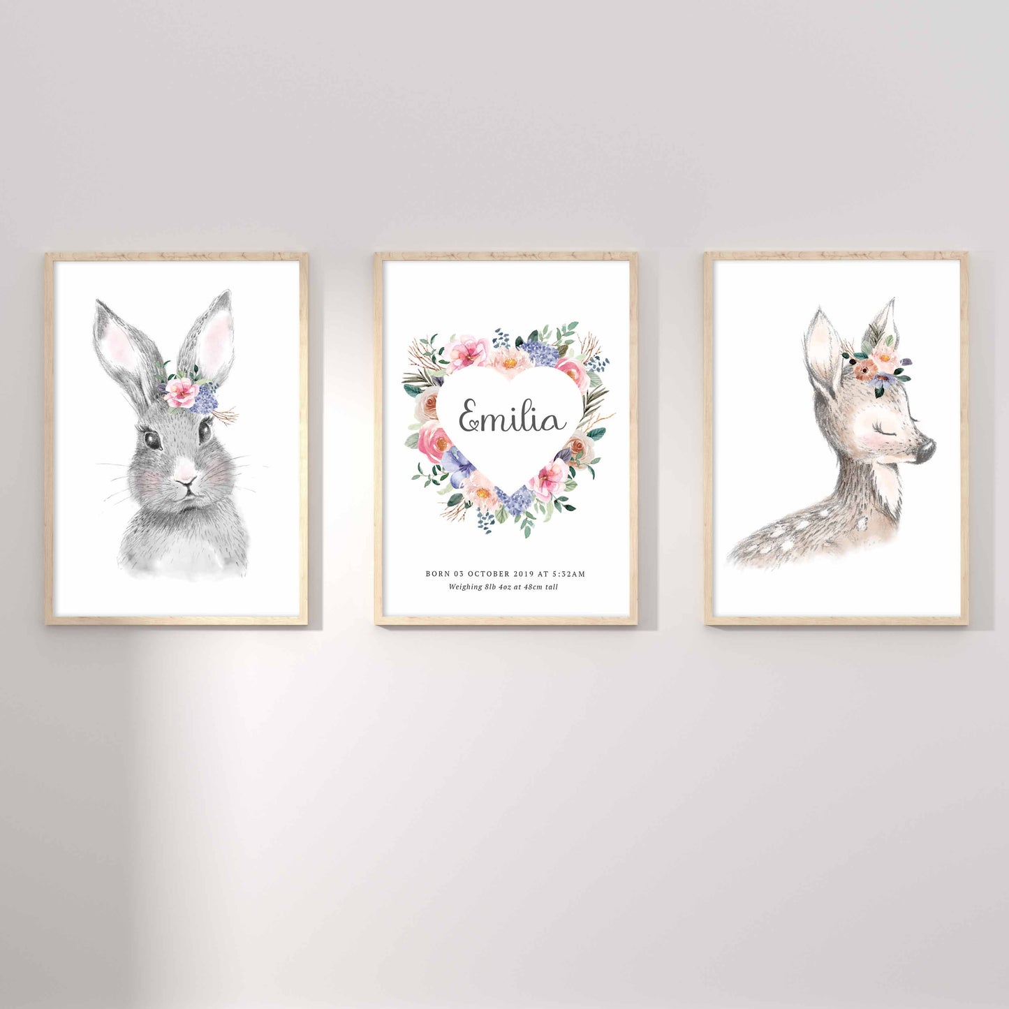 A set of 3 framed images of woodland bunny rabbit and deer floral heart wreath nursery personalised birth print