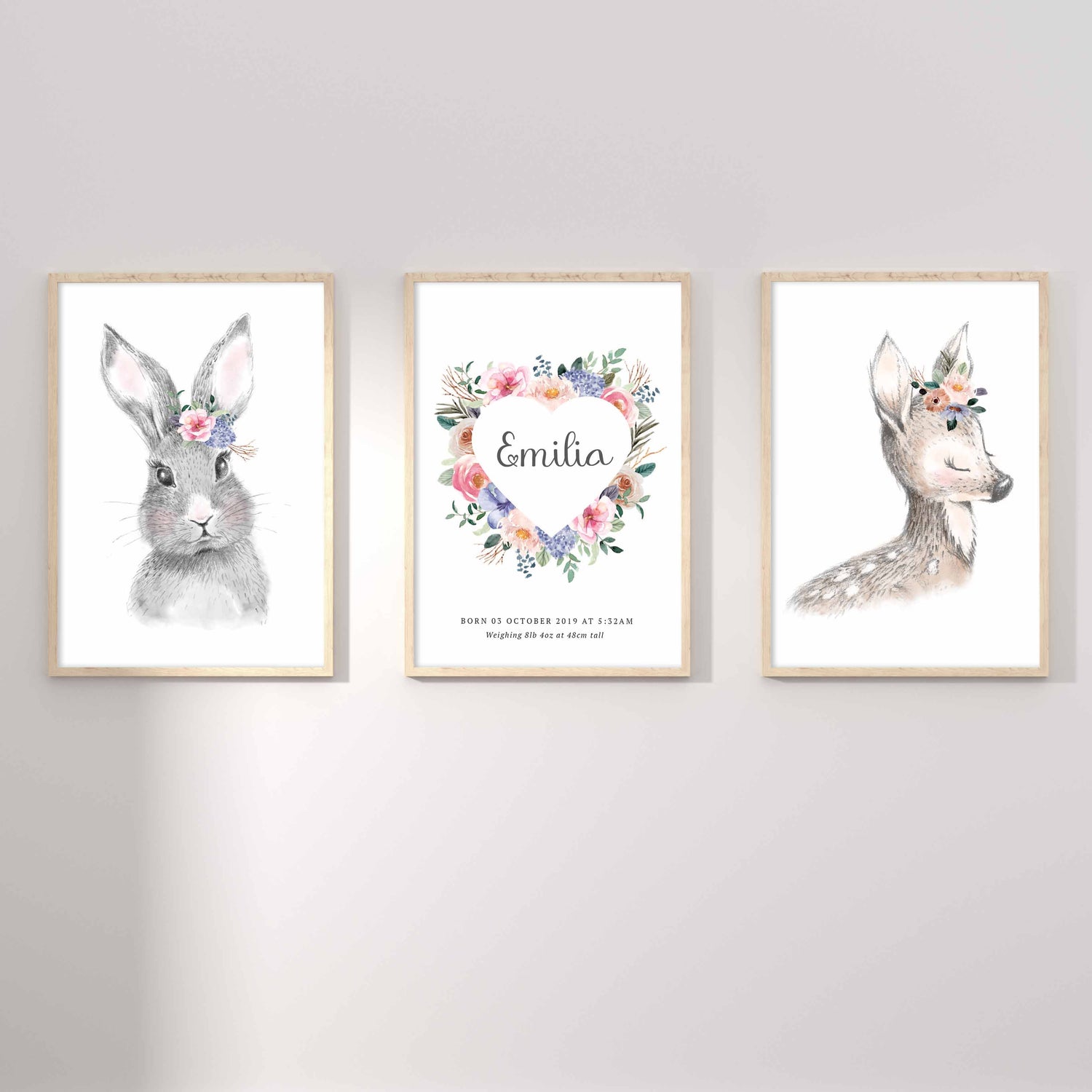 A set of 3 framed images of woodland bunny rabbit and deer floral heart wreath nursery personalised birth print