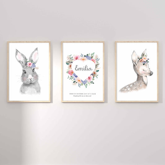 A set of 3 framed images of woodland bunny rabbit and deer floral heart wreath nursery personalised birth print