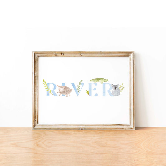 An oak picture frame of a cute animals kids personalised name print in blue watercolour