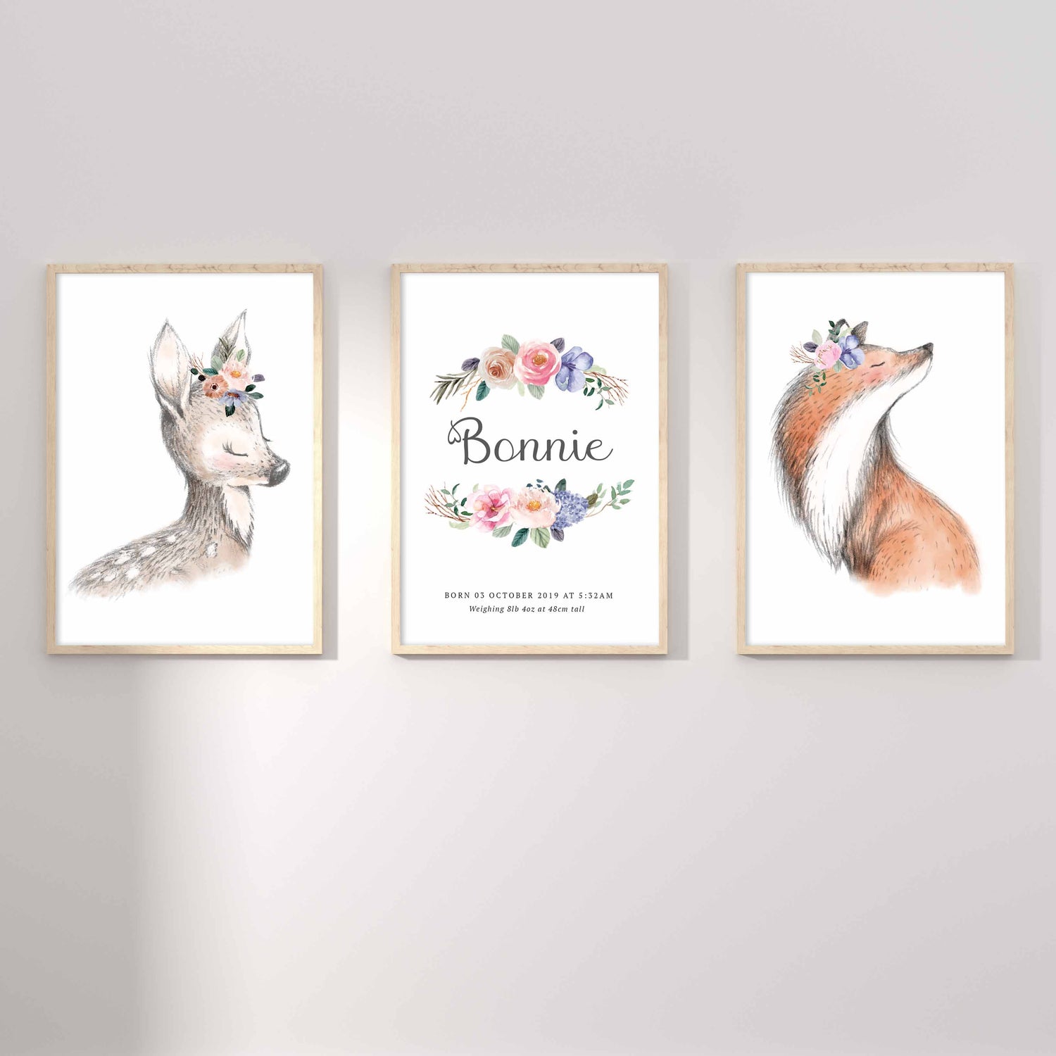 A set of 3 framed images of woodland deer and fox floral half wreath nursery personalised birth print