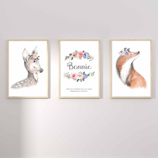 A set of 3 framed images of woodland deer and fox floral half wreath nursery personalised birth print