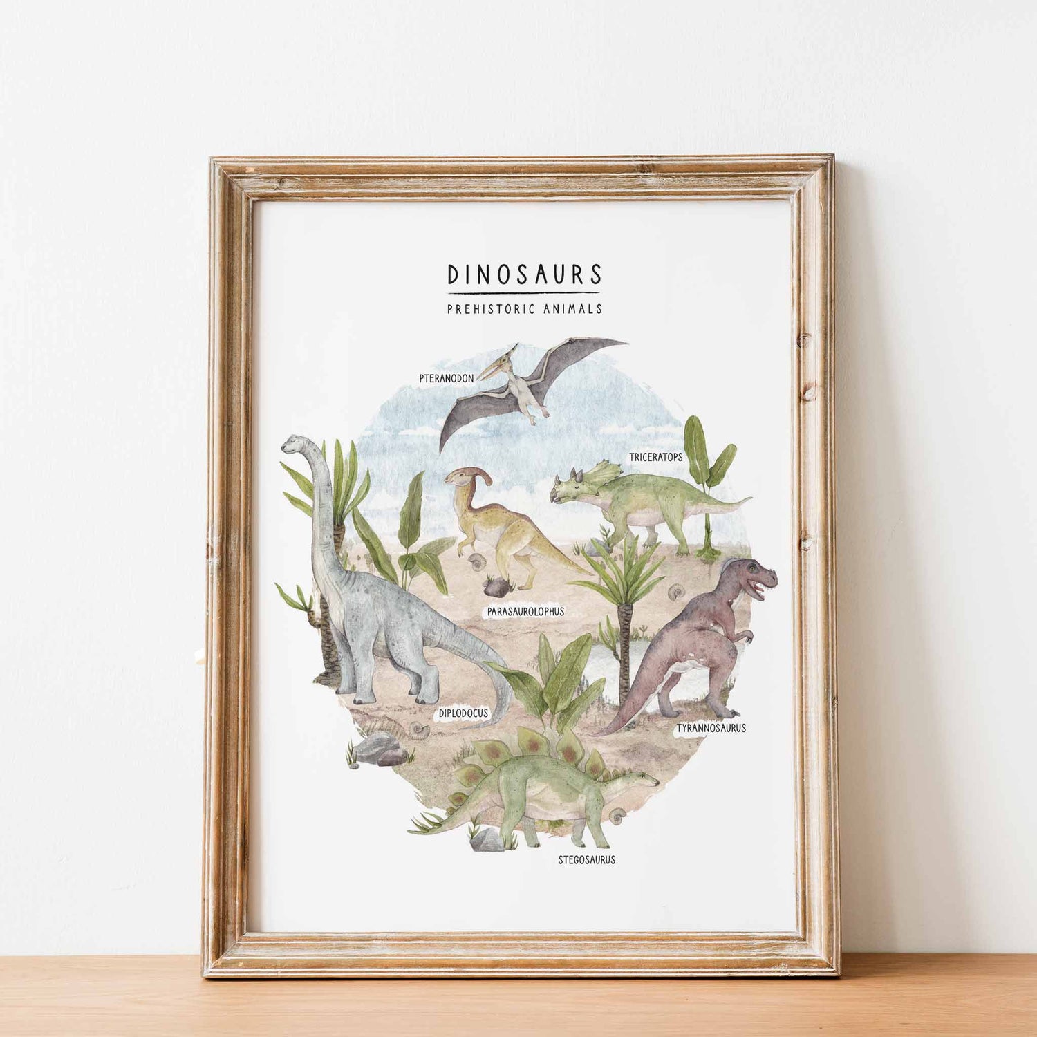 A picture frame displaying kids wall art print of a prehistoric group of dinosaurs 