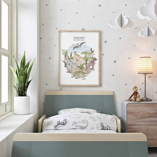 A picture frame of a prehistoric group of dinosaurs displayed on the wall of a kids room