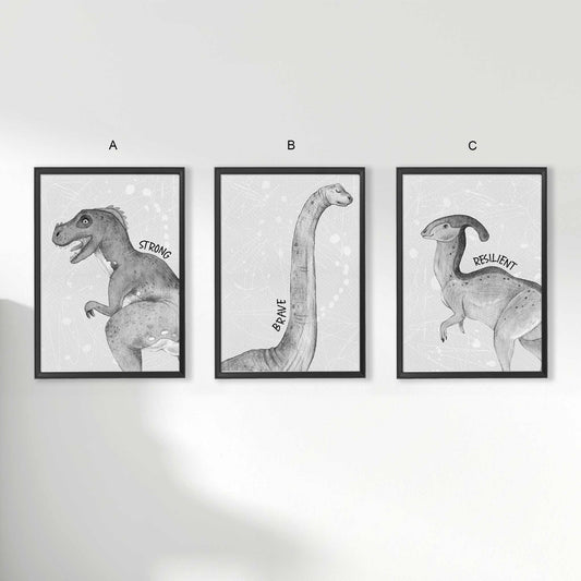 A set of 3 framed black frames displaying kids nursery aspirational wall prints of dinosaur monochromatic sketched art Edit alt text