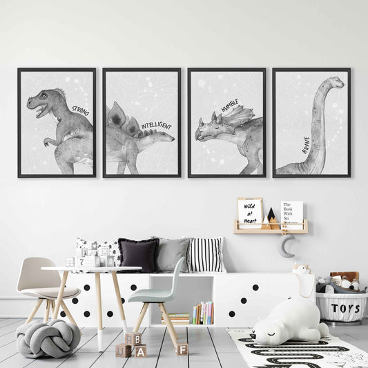 A set of 4 aspirational wall framed art of monochromatic dinosaur sketch prints displayed on the wall of a kids room