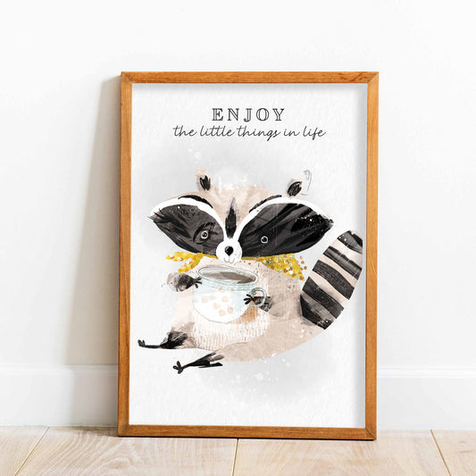 An oak frame of a cute whimsical raccoon with inspirational quote