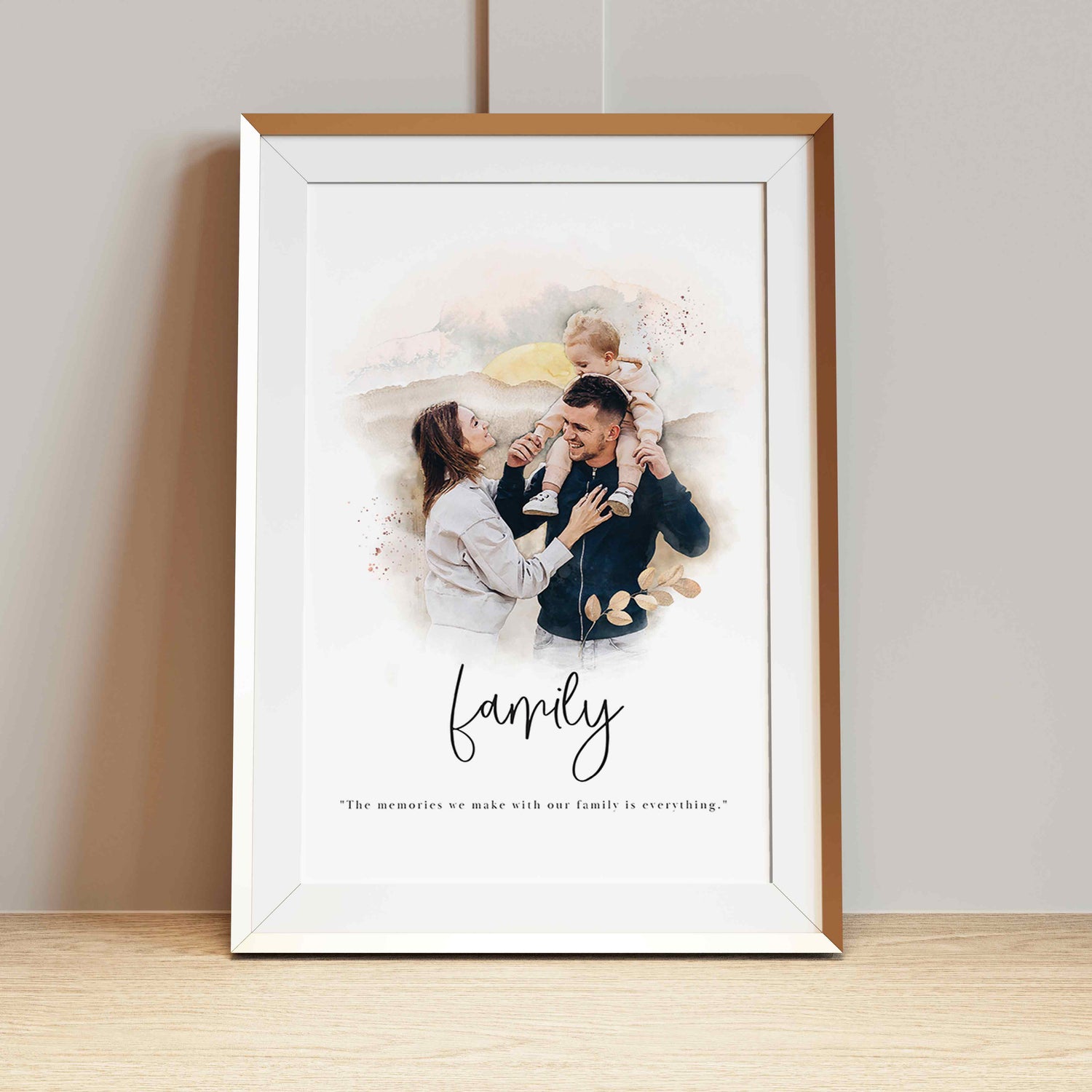 A picture frame of a personalised family portrait print displayed on a table