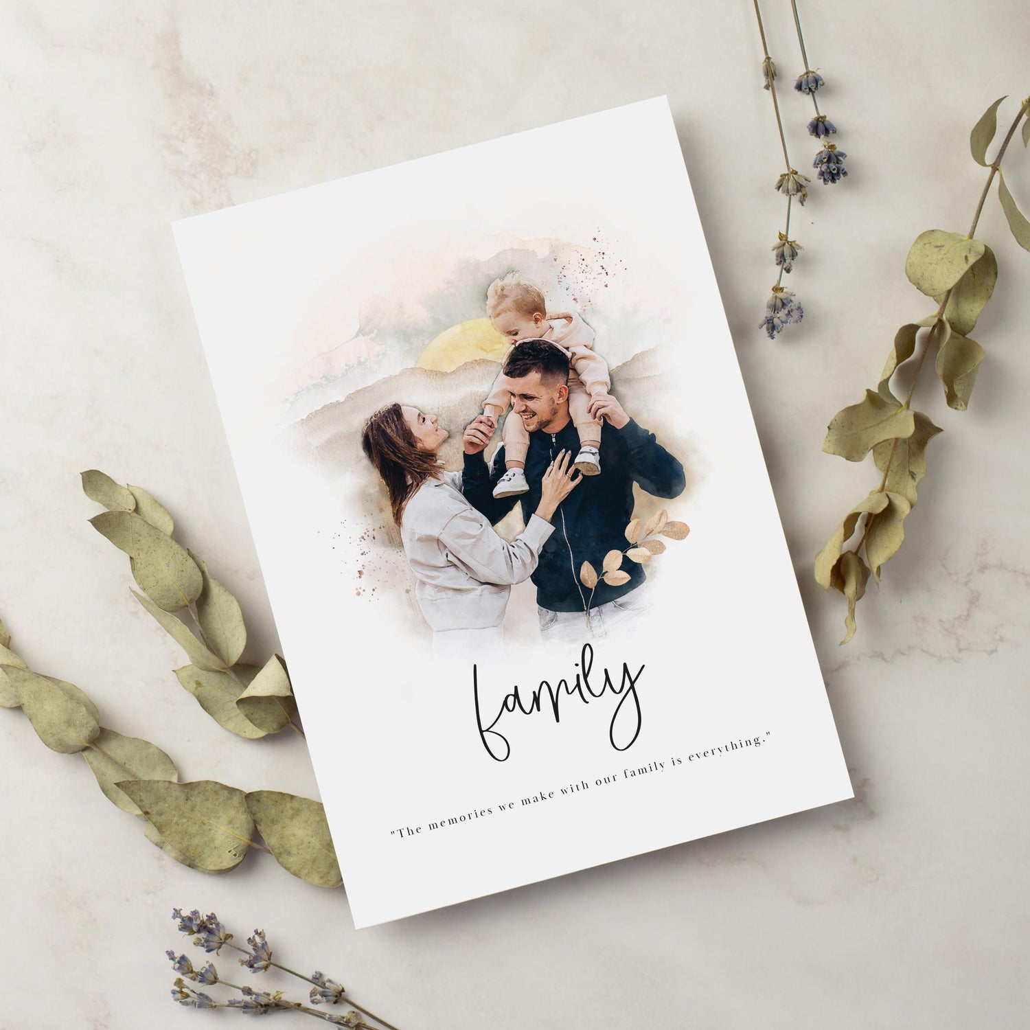 A flatlay picture of a personalised family portrait print