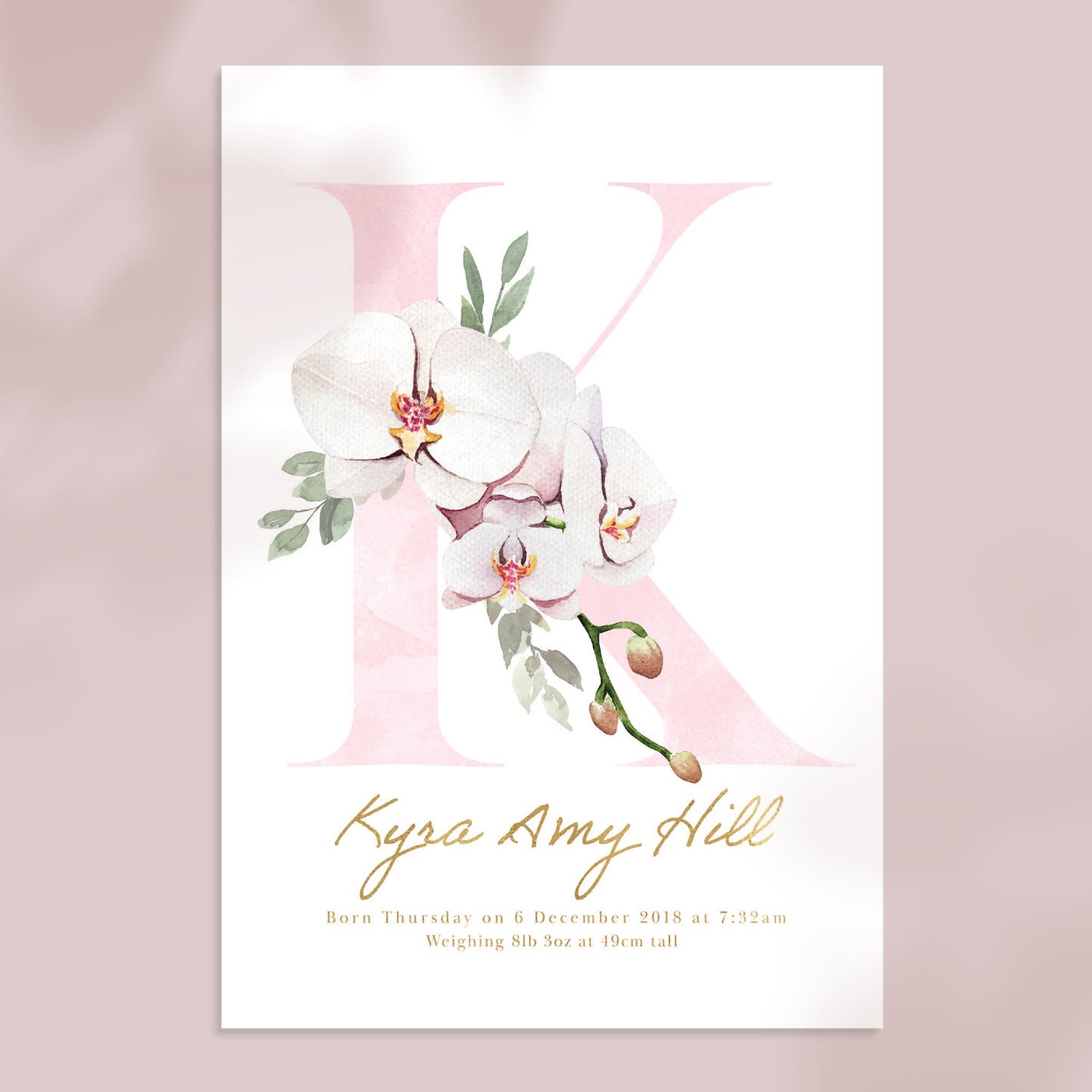 A picture of floral orchid pink gold monogram nursery personalised birth print