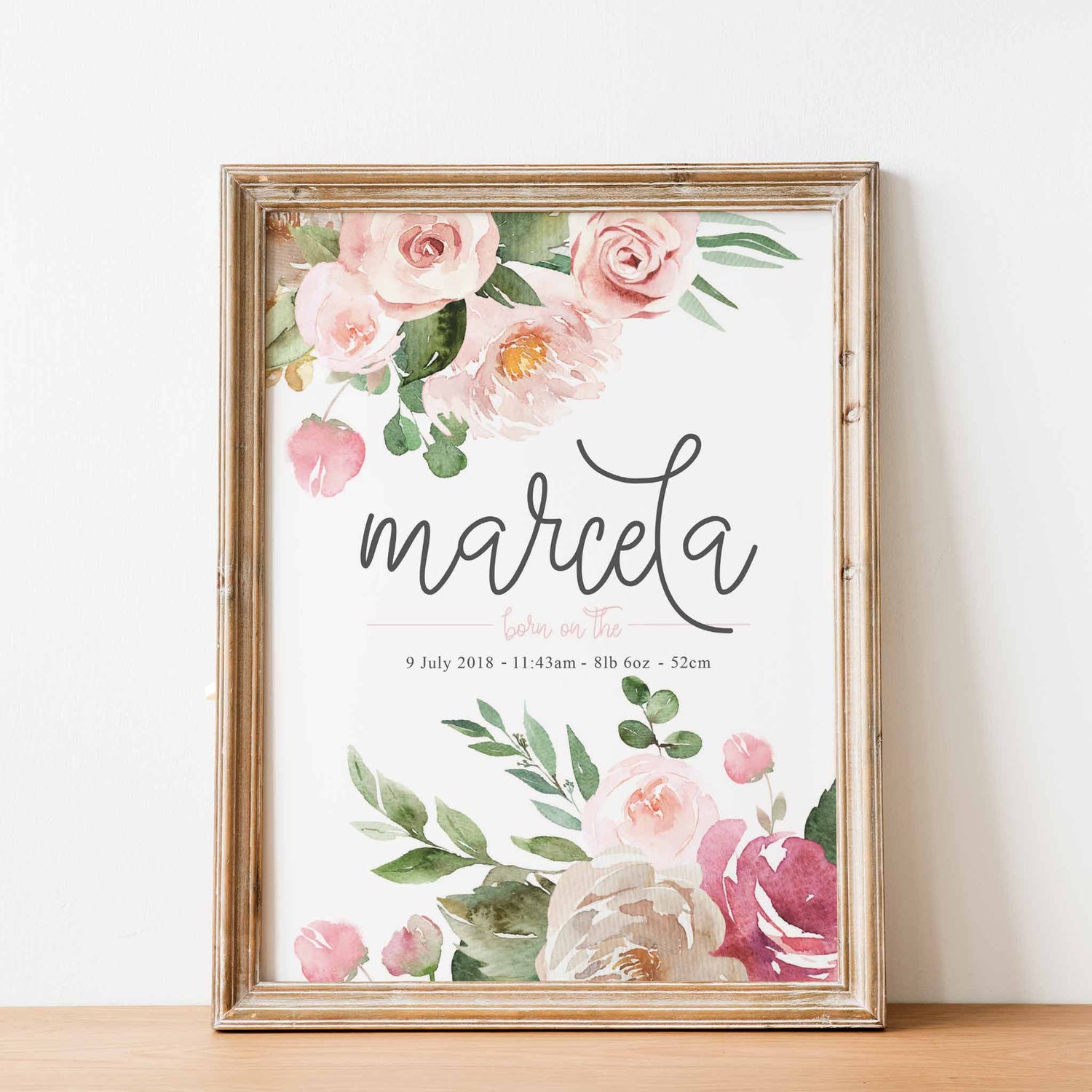 An oak frame of floral boho pink roses nursery personalised birth print 