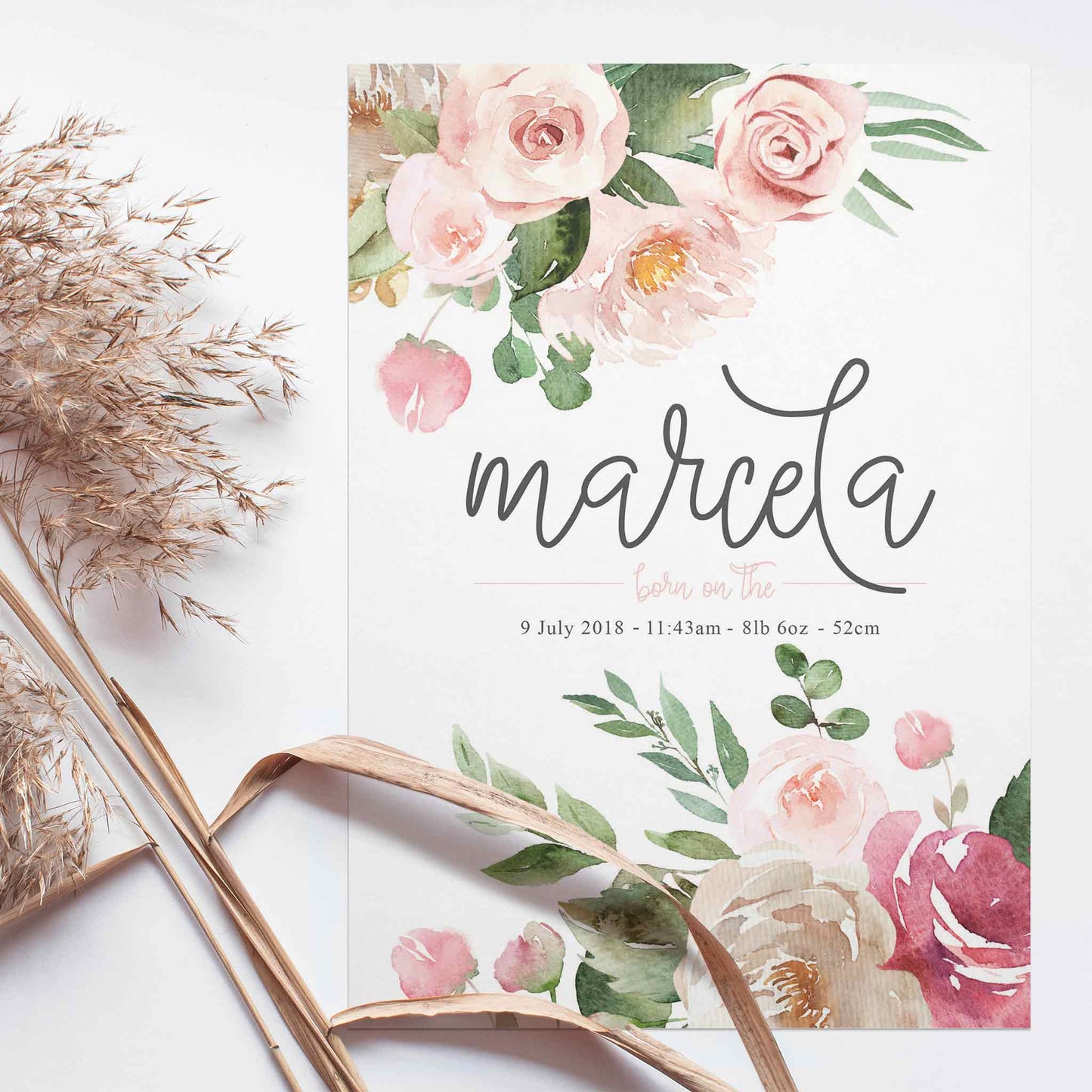 A picture of floral boho pink roses nursery personalised birth print