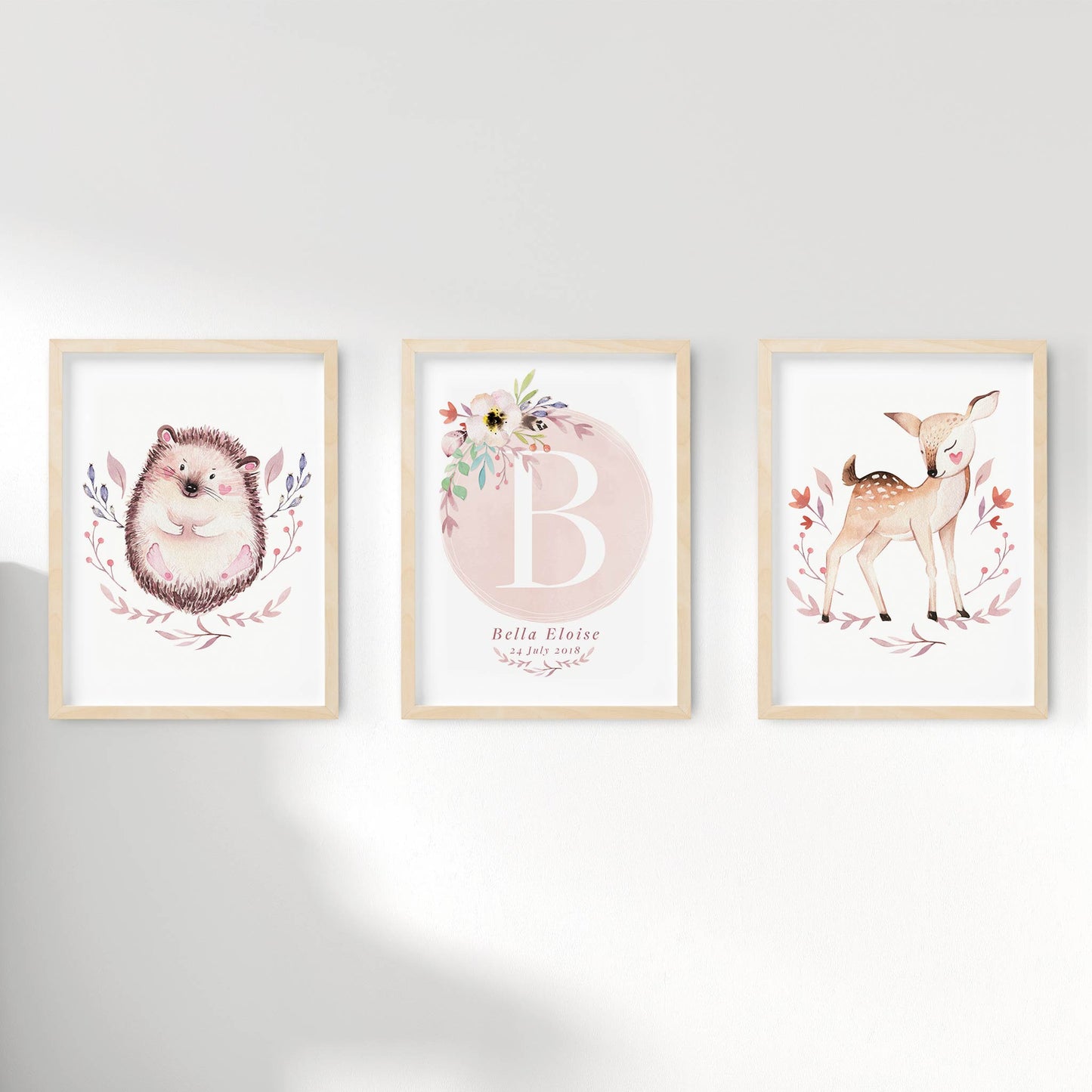 A set of 3 framed images of woodland hedgehog and deer monogram nursery personalised birth print