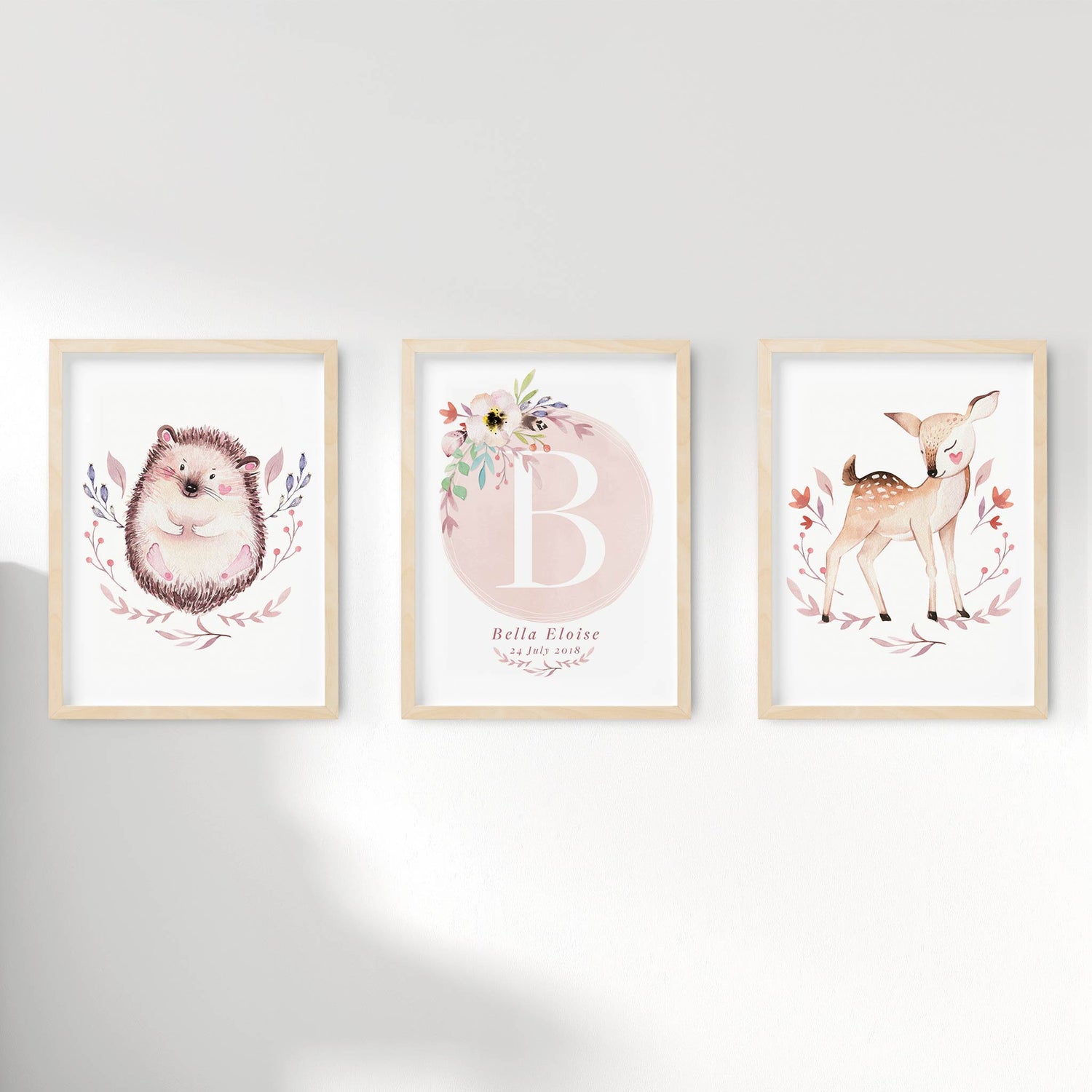 A set of 3 framed images of woodland hedgehog and deer monogram nursery personalised birth print