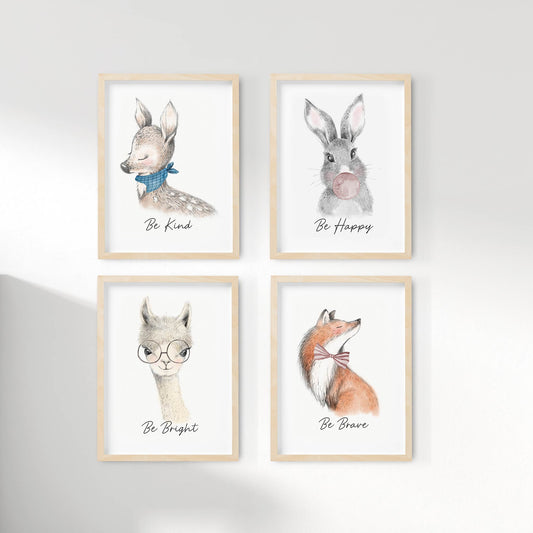 A set of 3 framed images of cute and quirky woodland deer, bunny rabbit, llama and fox nursery kids prints