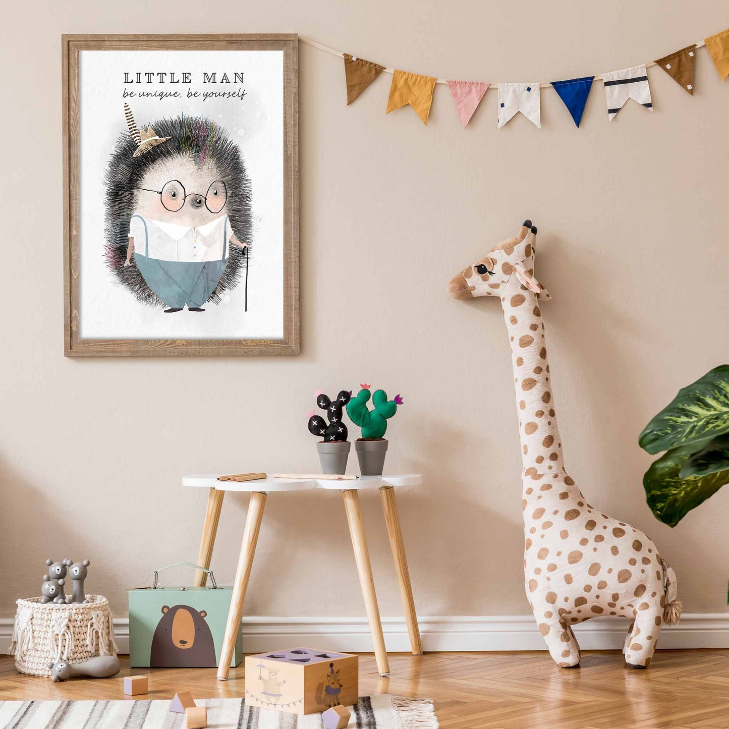 An oak frame of a cute whimsical hedgehog with inspirational quote decorated in a kids room