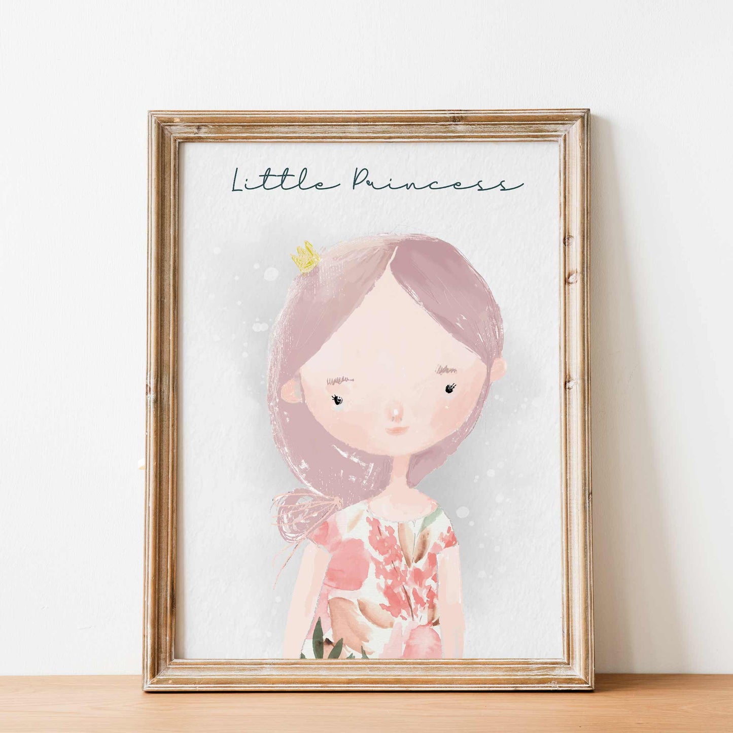 An oak frame of a cute whimsical little princess with inspirational quote