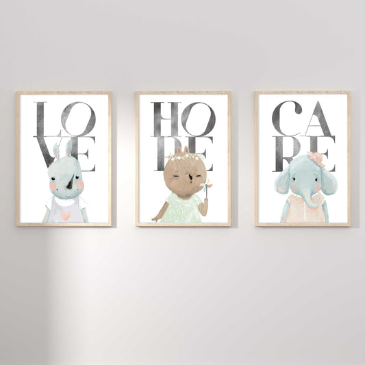 A set of 3 oak frames of a rhino, bear and elephant inspirational quotes kids prints