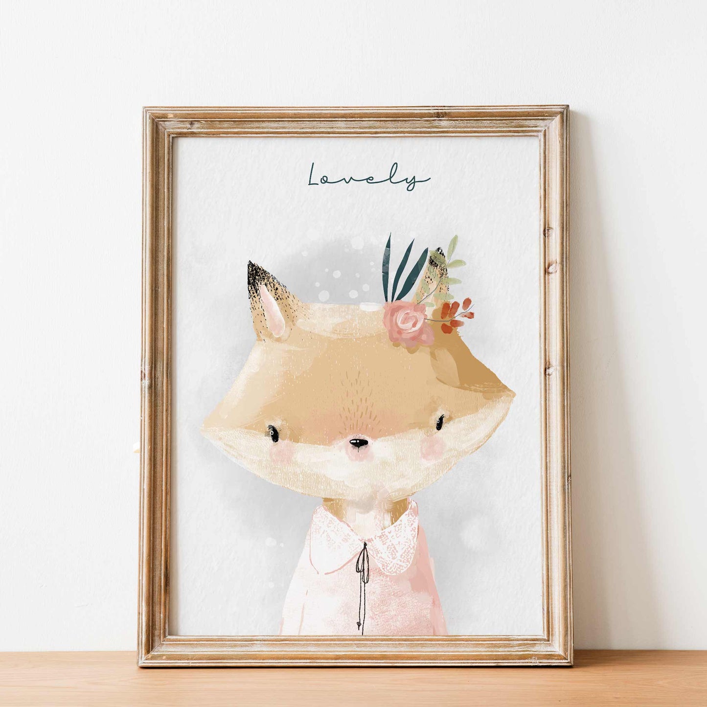 An oak frame of a cute whimsical fox with inspirational quote