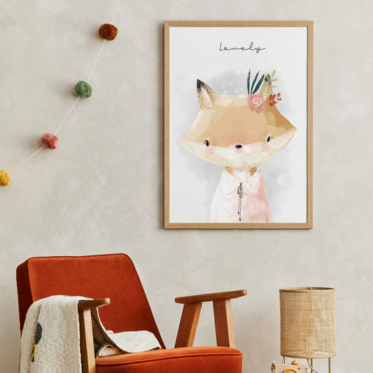 An oak frame of a cute whimsical fox with inspirational quote decorated in a kids room