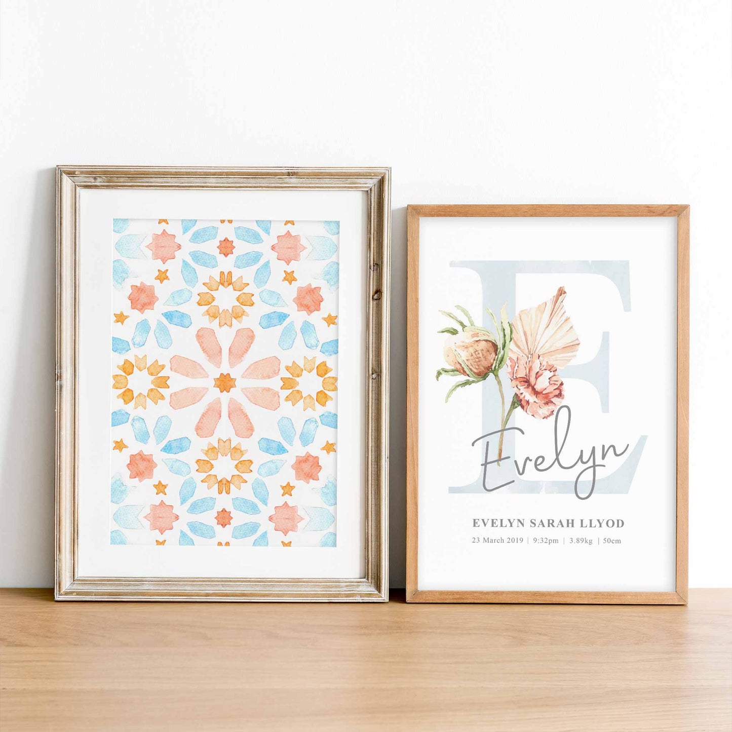 A set of 2 framed images of Moroccan boho floral monogram nursery personalised birth print