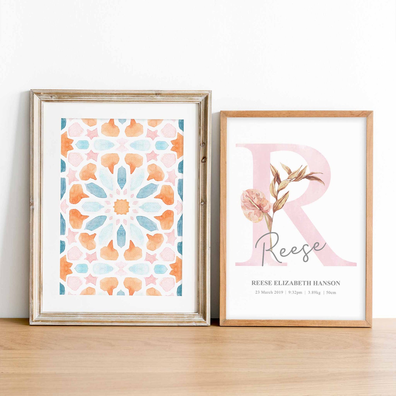 A set of 2 framed images of Moroccan boho floral monogram nursery personalised birth print 