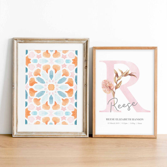 A set of 2 framed images of Moroccan boho floral monogram nursery personalised birth print 