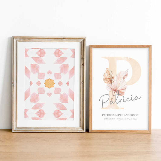 A set of 2 framed images of Moroccan boho floral monogram nursery personalised birth print