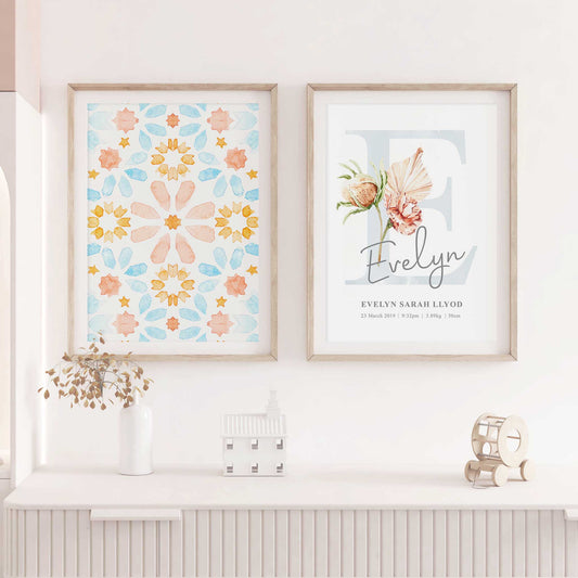 A set of 2 framed images of Moroccan boho floral monogram nursery personalised birth print decorated in a living room 