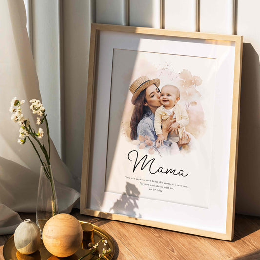 A picture frame of a personalised mother and child portrait print displayed on a table