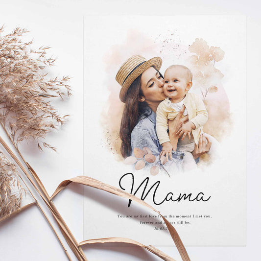 A flatlay picture of a personalised mother and child portrait print 