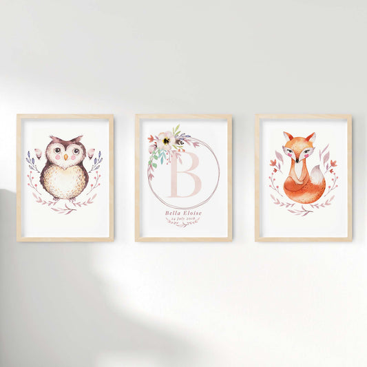 A set of 3 framed images of woodland owl and fox monogram nursery personalised birth print